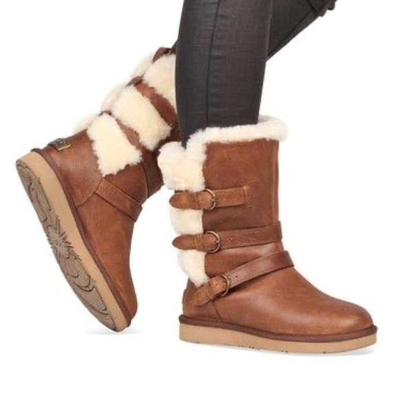 UGG | Becket Leather & Shearling Mid Calf Buckled Boots in Chestnut | Sz 9 - Picture 3 of 14